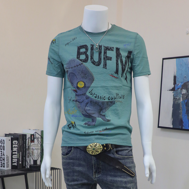 男士t恤短袖新款棉麻2022夏季卡通个性印花图案青年棉麻打底衫