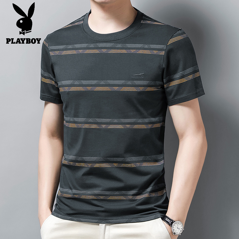 花花公子中年男士短袖t恤圆领条纹刺绣爸爸小衫40岁50丝光棉男装