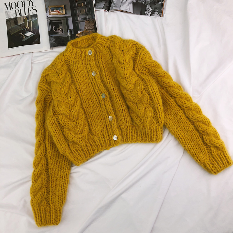 秋款复古麻花手工棒针编织短款粗毛毛线毛衣毛针织衫