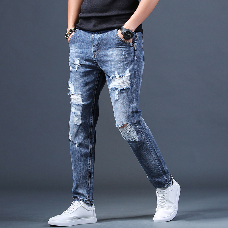 男刮烂休闲宽松裤子高街ins潮补丁蓝色破洞牛仔裤潮流九分男裤