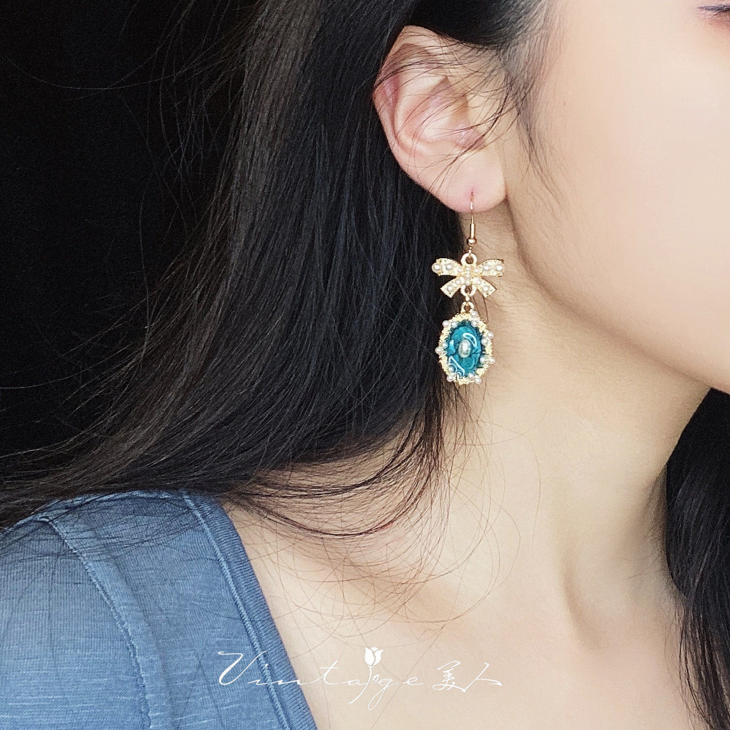 lolita公主宫廷少女小众蝴蝶结珍珠珐琅孔雀古董耳环