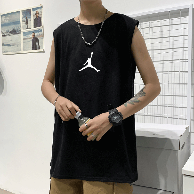 运动背心男士夏季潮牌新款纯棉无袖坎肩黑色篮球汗衫宽松短袖T恤