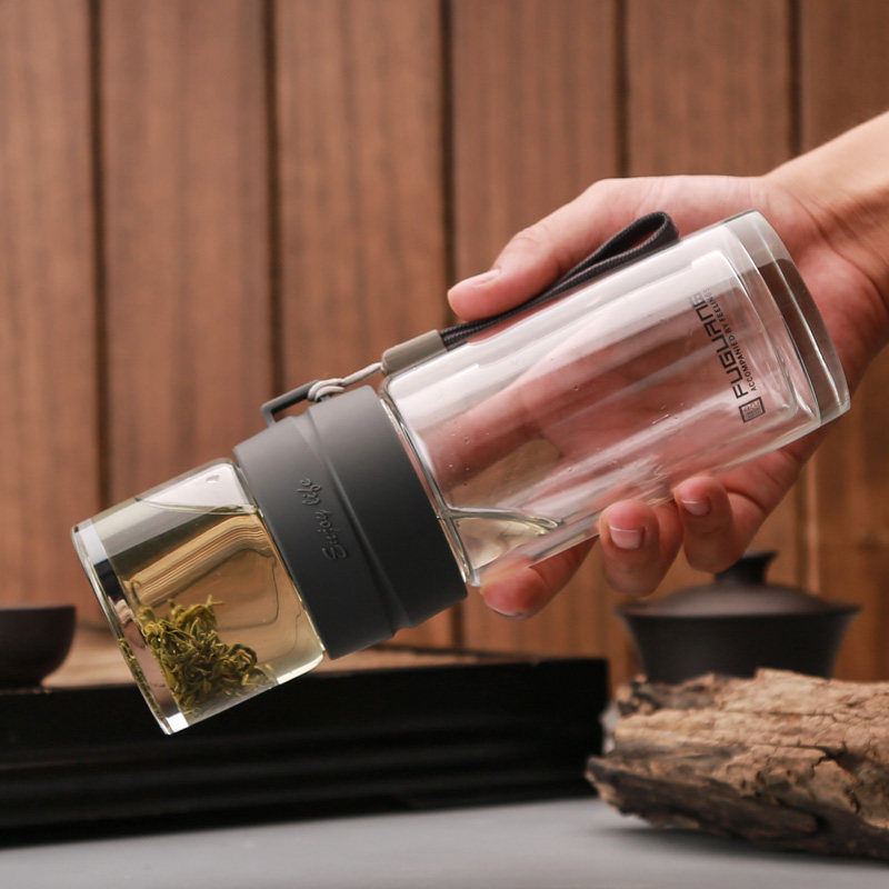 富光泡茶师双层玻璃杯方便携带的功夫茶杯过滤带盖茶水分离水杯