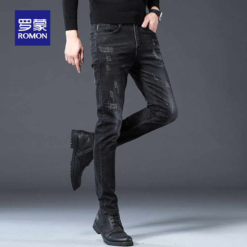 罗蒙高端弹力牛仔裤男士商务直筒休闲长裤男韩版潮牌百搭修身裤子
