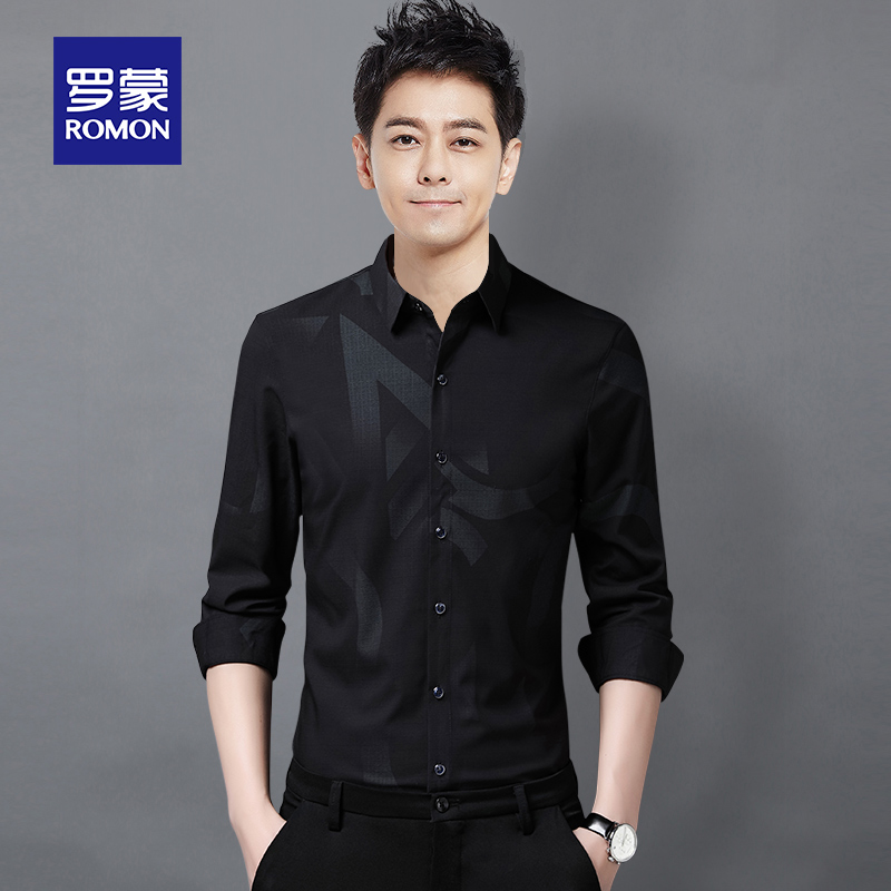 罗蒙衬衫男黑色商务休闲工装寸上衣服免烫衬现在潮流韩版男士衬衣