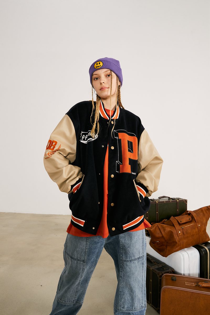 APPMLAB复古休闲外套拼接撞色加绒加厚学院风大码长袖棒球领夹克