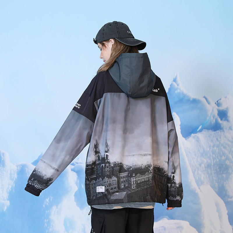 PCMY欧洲风景冲锋衣春秋新款潮流连帽外套宽松潮牌男女情侣装上衣