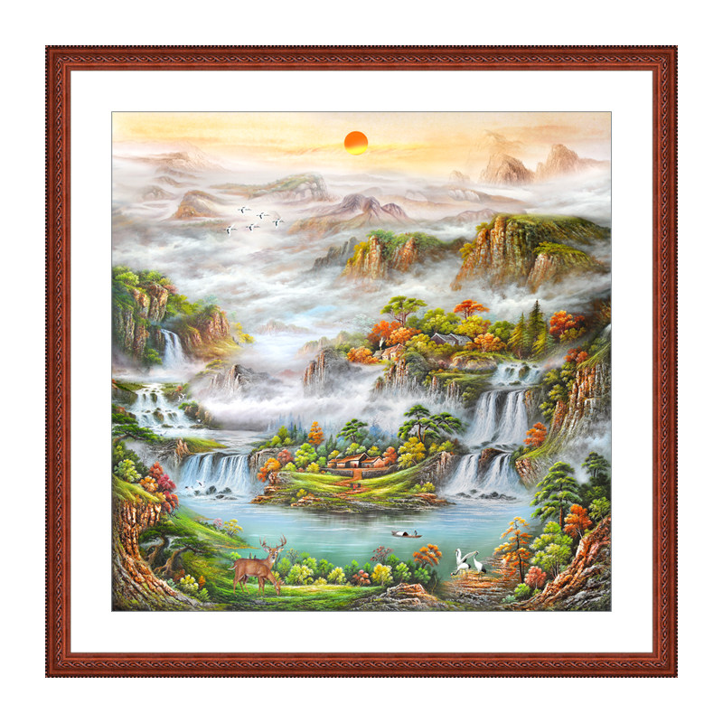 风水山水八方来招财国画客厅办公室玄关过道竖版现代装饰画