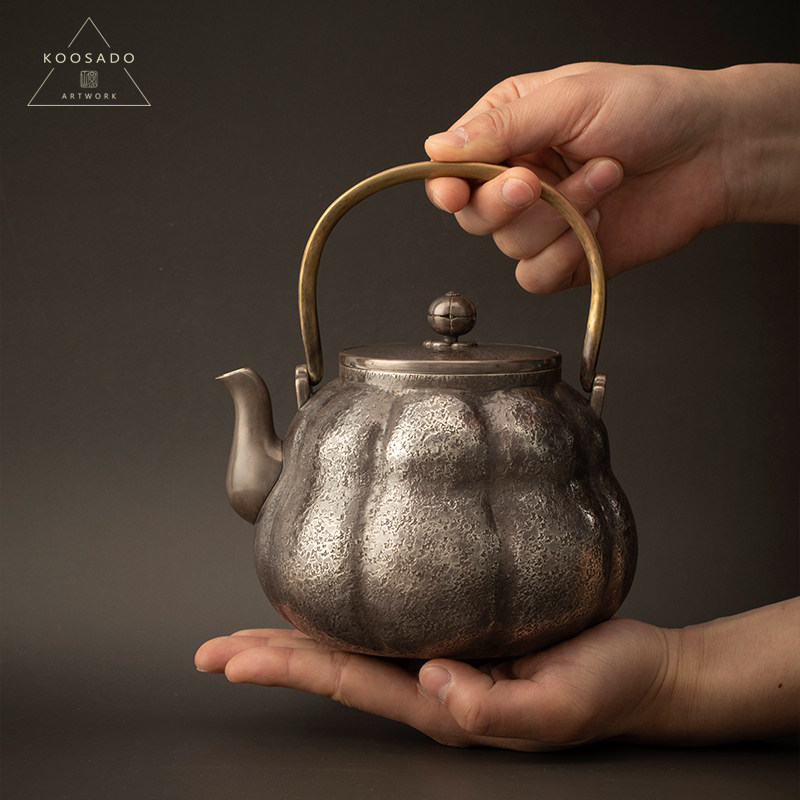 宽山堂新白草瓜型汤沸烧水壶纯银1200ml大容量银壶手工日式烧水壶