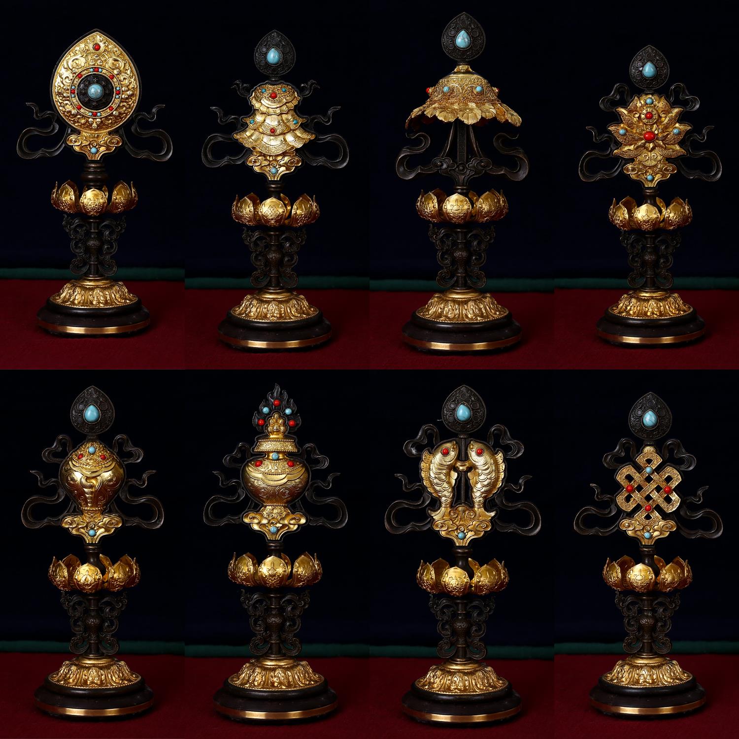 藏传佛教精工密宗法器供品高脚莲花纯铜吉祥八宝佛教工艺品