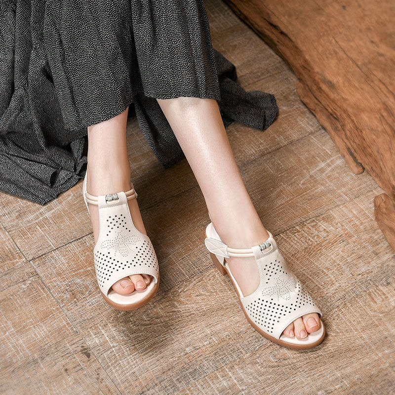 吐火罗女鞋真皮凉鞋女2019新款复古百搭粗跟鱼嘴镂空休闲罗马单鞋