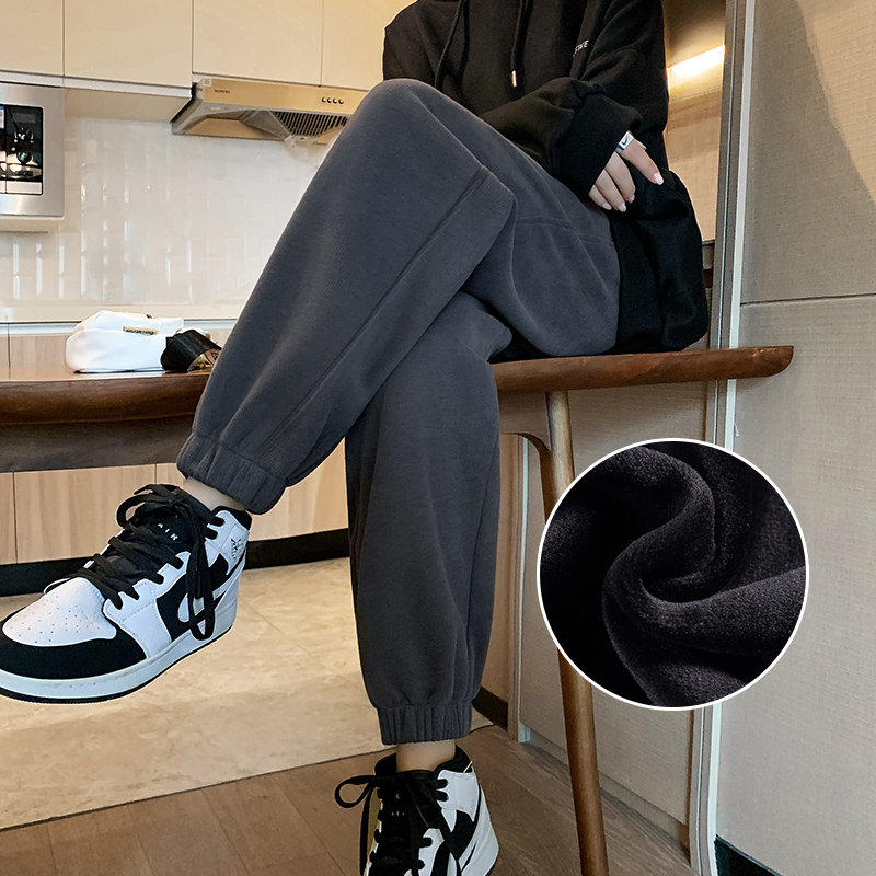 加绒运动裤女秋冬季加厚外穿宽松束脚休闲裤子九分小个子新款卫裤