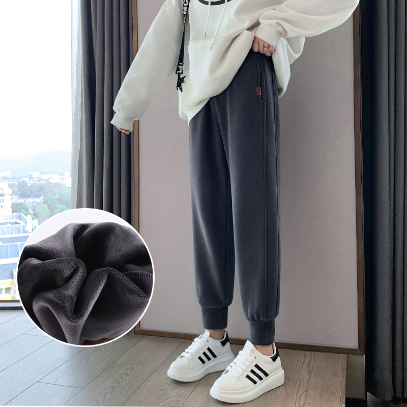 加绒运动裤女秋冬季宽松束脚加厚外穿哈伦休闲裤直筒ins潮卫裤子
