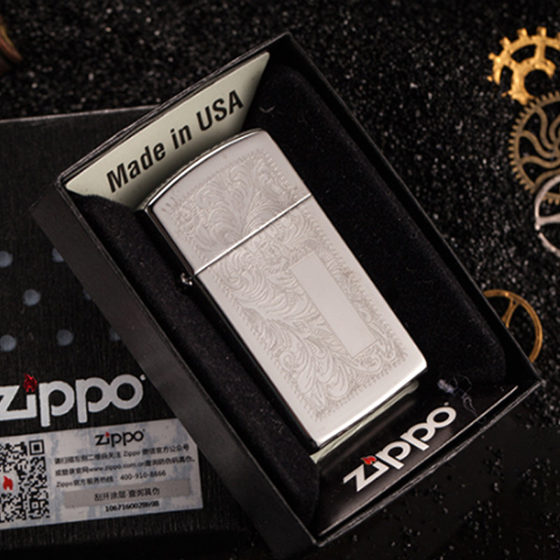 正品zippo打火机1652纤巧窄机小机镜面刻花银色zippo
