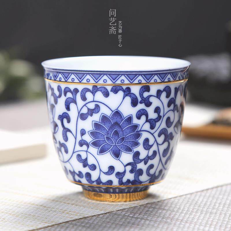 陶瓷杯描酒杯单杯大号金大号主人青花瓷道边白茶音乐枕