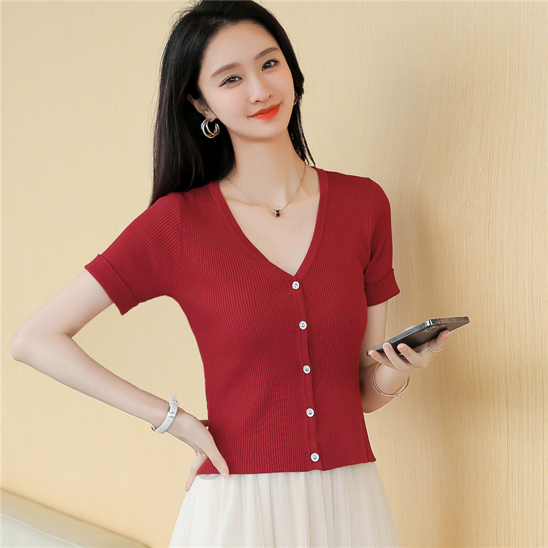 冰丝针织开衫女夏薄款显瘦气质高腰小众短款设计t恤