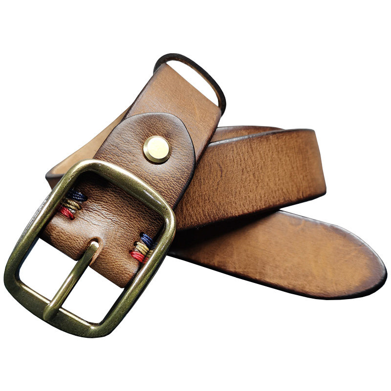 加厚头层牛皮腰带铜扣青年裤带光身中年复古腰带