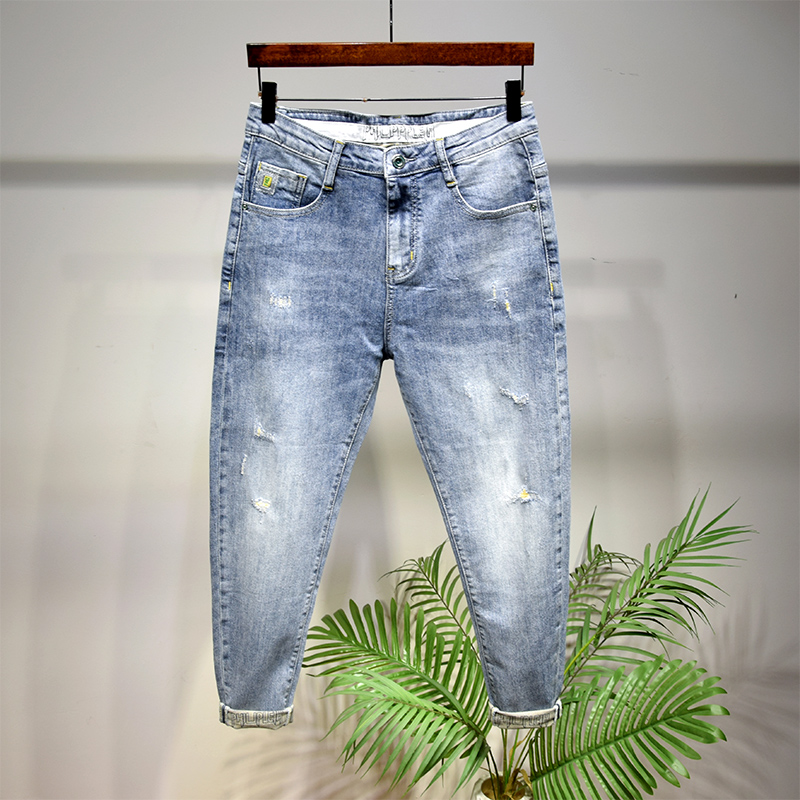 牛仔裤男2022年新款破洞春夏潮ins网红潮牌锥形宽松小脚乞丐九分