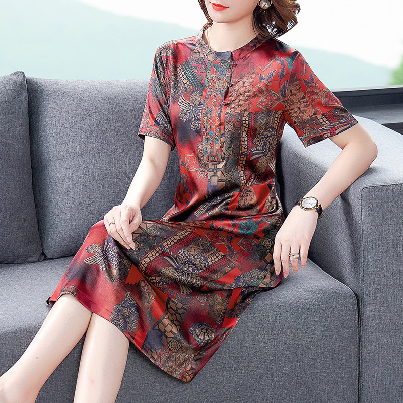 贵夫人裙子蚕丝桑蚕印花妈妈大码气质真丝夏气质连衣裙