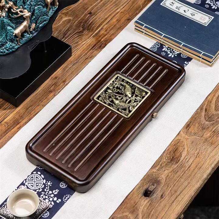 正通竹制茶盘整块家用简约胡桃色日式干泡茶海大小号石头排水茶台