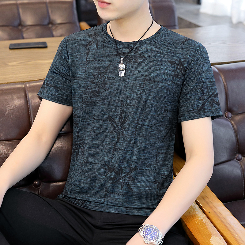 冰丝t恤男时尚短袖夏季薄款透气ins男士圆领上衣个性花纹潮流百搭