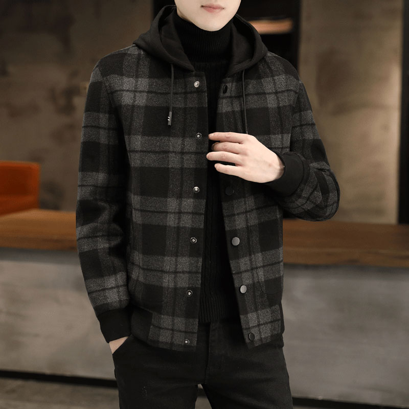 高档双面呢大衣男秋冬2022新款可脱卸帽休闲帅气格子羊毛夹克外套