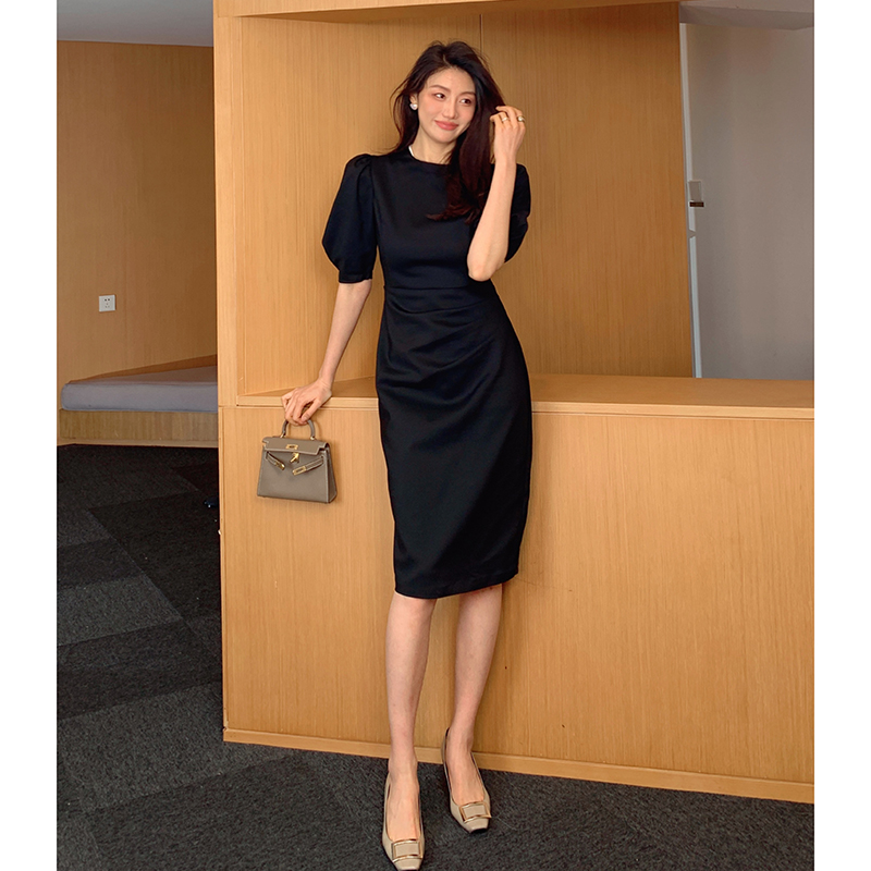 Garbociaga龍喜儿 黑夜玫瑰 香蕉袖修身显瘦赫本风连衣裙女夏3386