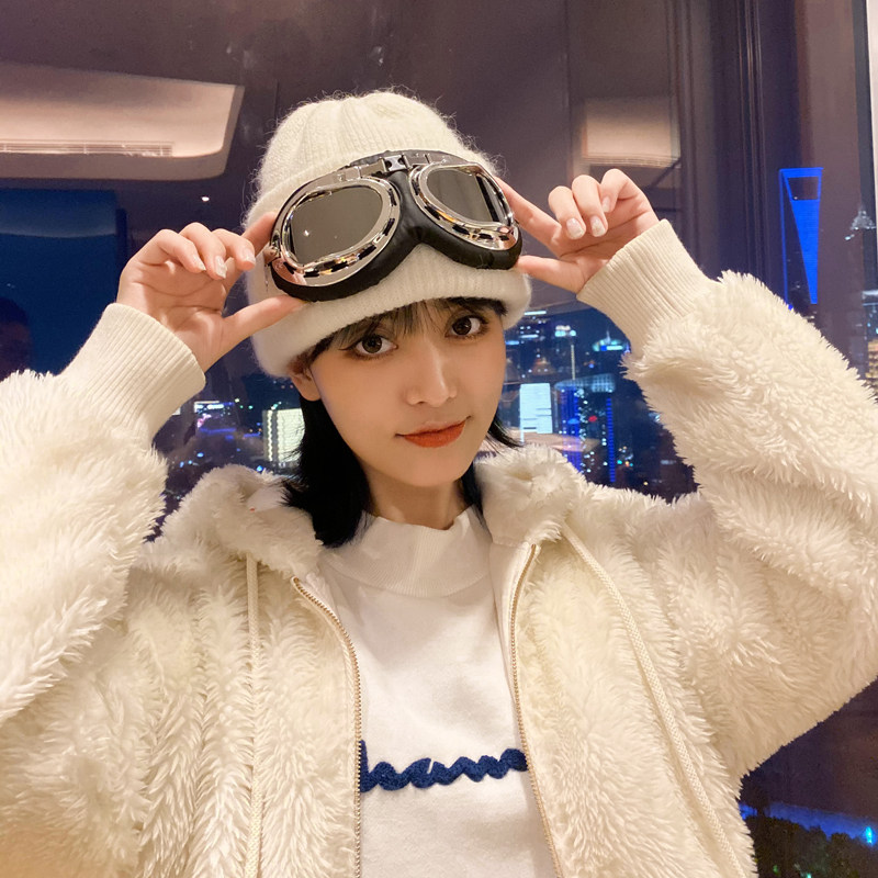 黑色滑雪帽女毛线时尚飞行员针织冬天冬季带眼镜帽子