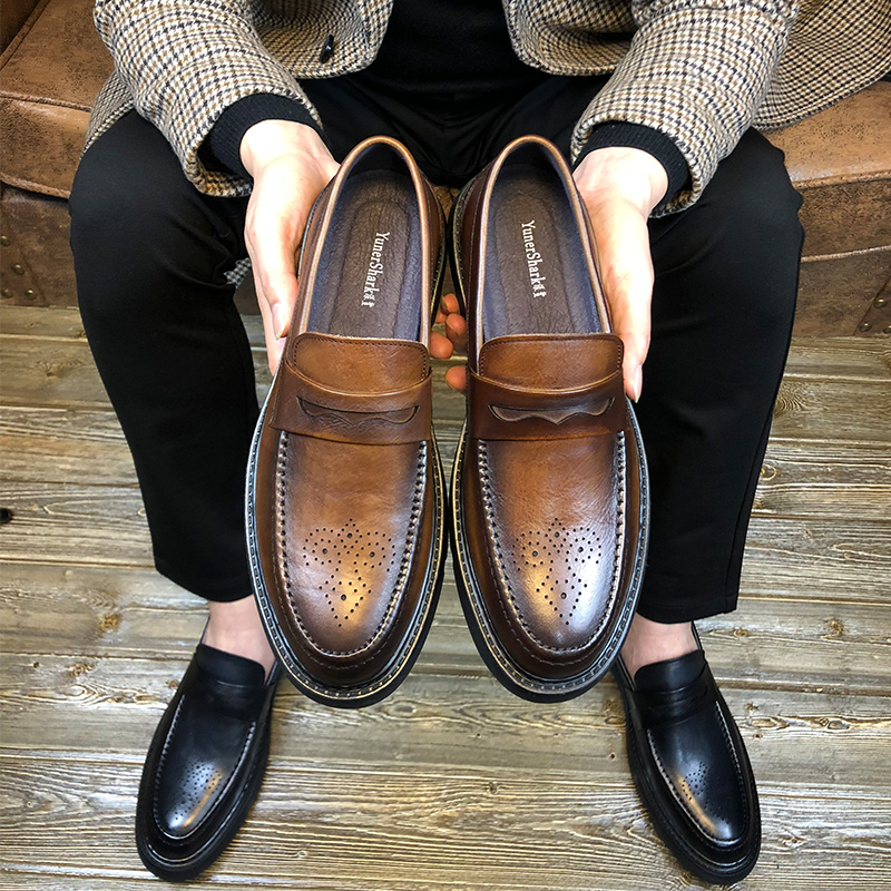 布洛克雕花男士小皮鞋商务休闲鞋夏季一脚蹬豆豆鞋真皮软底乐福鞋