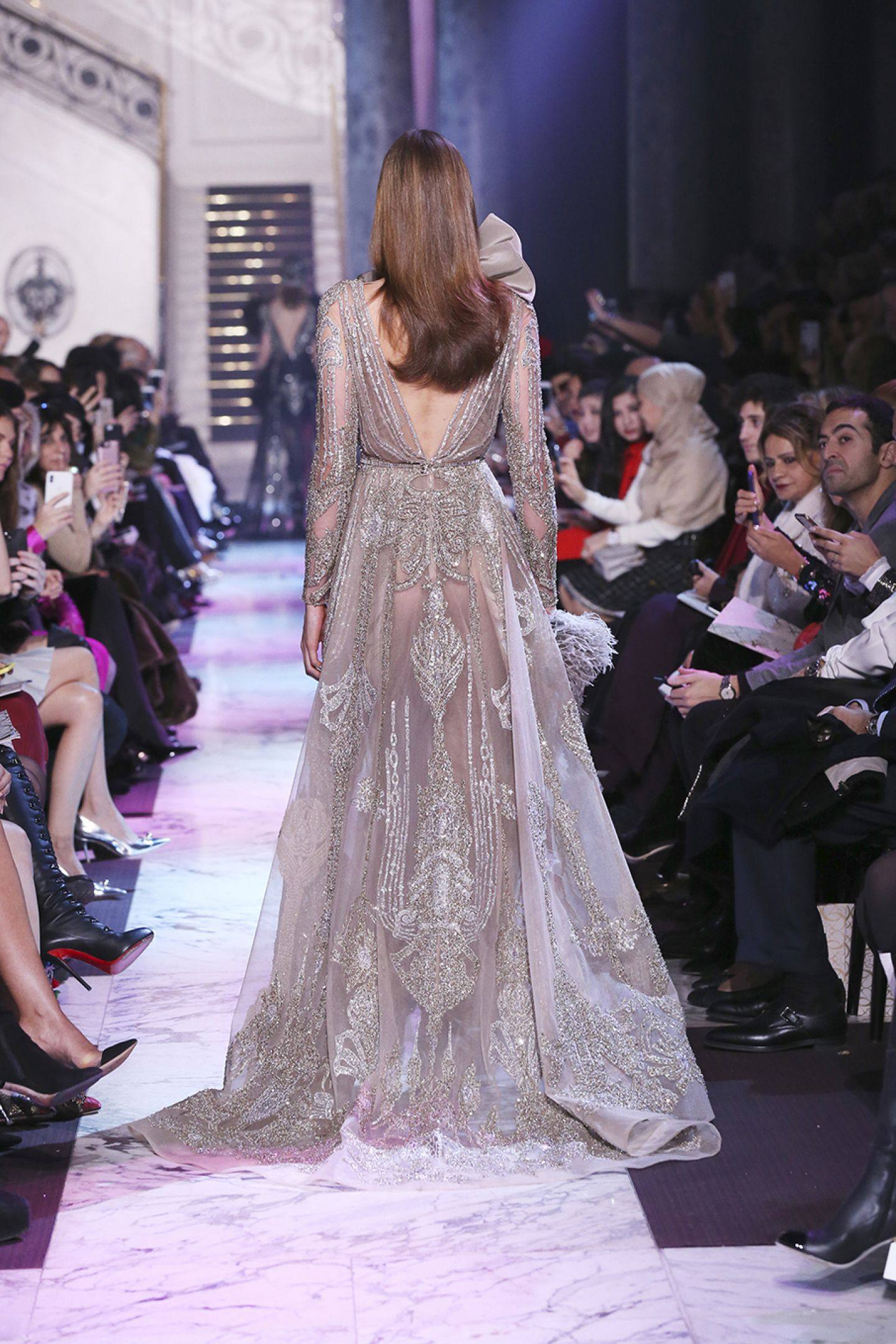 10年老店eliesaab灰色时尚晚礼服长袖修身晚会礼服