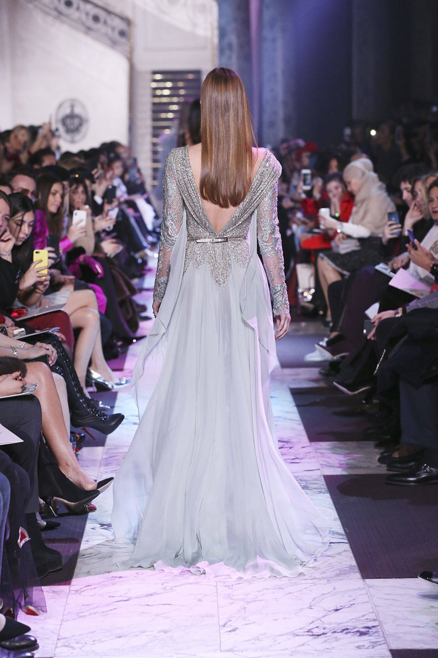 10年老店eliesaab灰绿色轻纱晚礼服长袖透视设计礼服