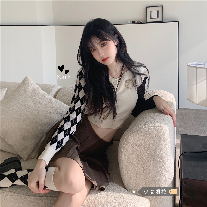 美式复古菱格拼接针织开衫女春秋季新款修身短款长袖毛衣外套上衣