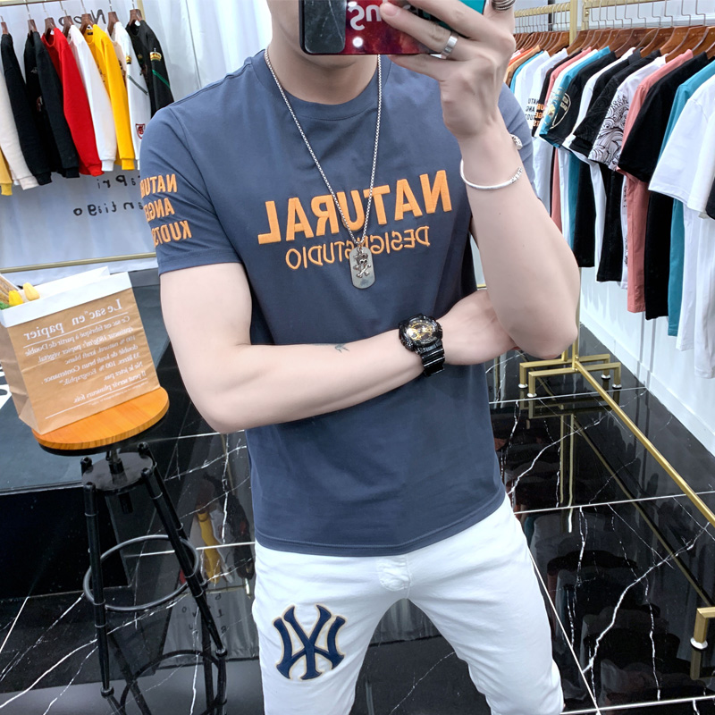 春夏新款时尚潮牌短袖t恤男个性字母刺绣体恤ins网红修身半袖帅气