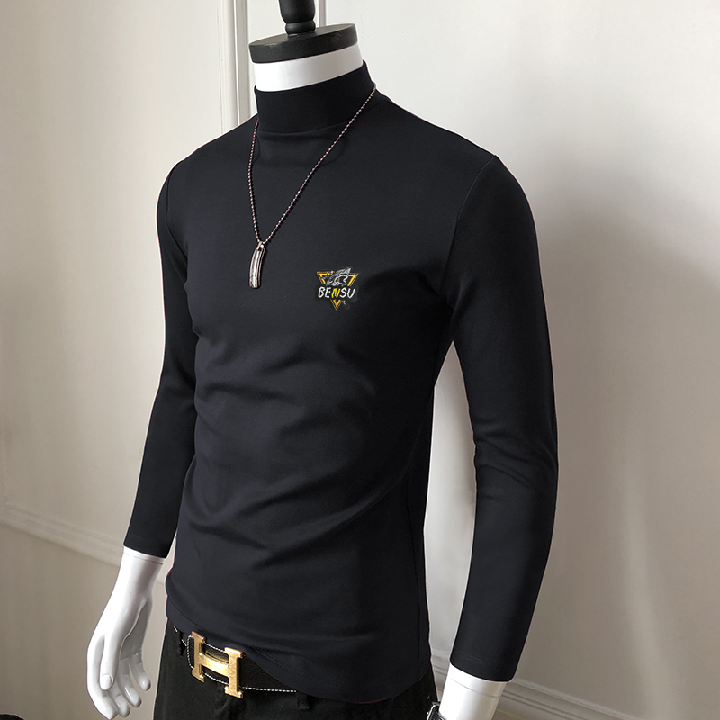 半高领长袖T恤男加绒加厚修身莫代尔打底衫中领秋冬季男装上衣潮