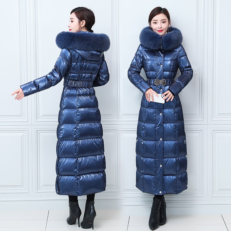 免洗亮面克莱因蓝羽羽绒服女长款修身加厚过膝脚踝羽绒服