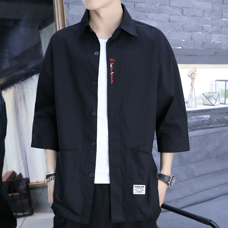 短袖衬衫男夏季韩版潮流休闲宽松七分袖上衣服男士衬衣工装外套男