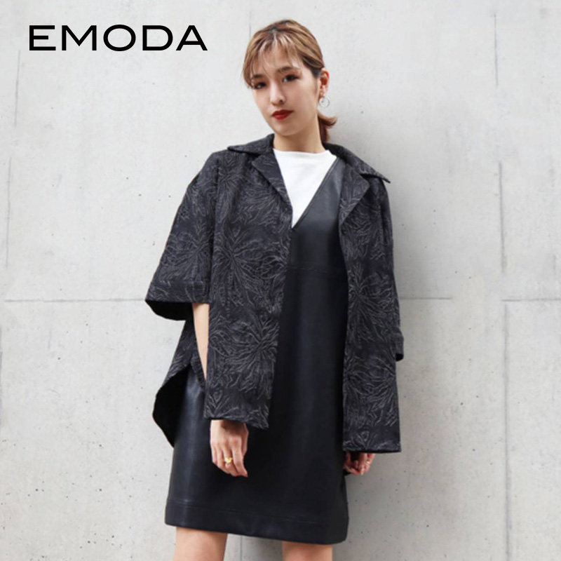 emoda衬衫秋季新款五分袖提花开领上上衣潮流衬衫