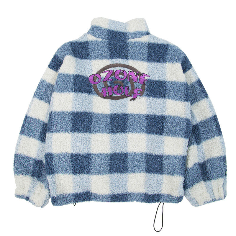 ozonehole秋冬蓝白格子刺绣高领外套男女情侣棉衣