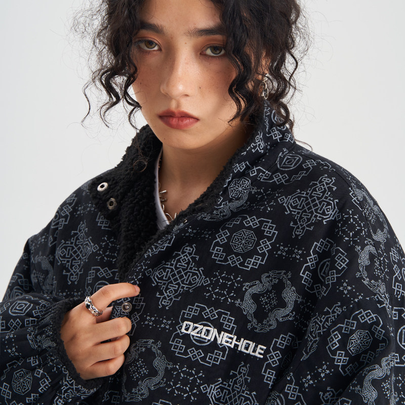 ozonehole丝绸满印暗双面外套冬厚款棉衣男女国潮棉衣