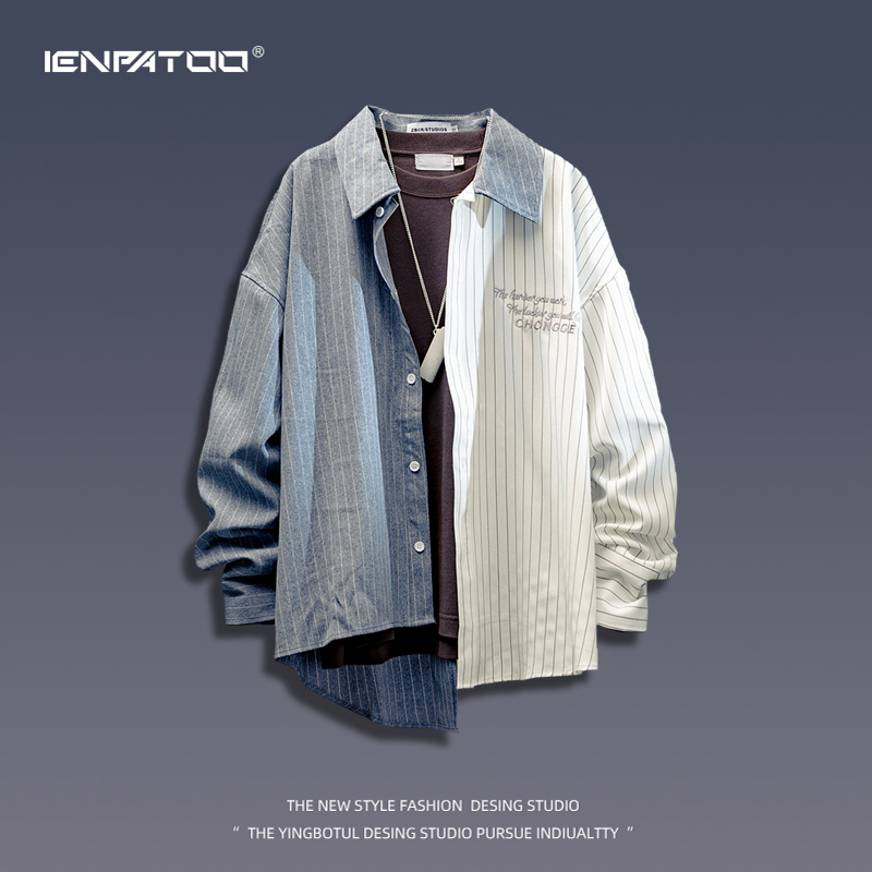 2022不规则长袖条纹衬衫男撞色拼接韩版痞帅设计感小众秋装衬衣