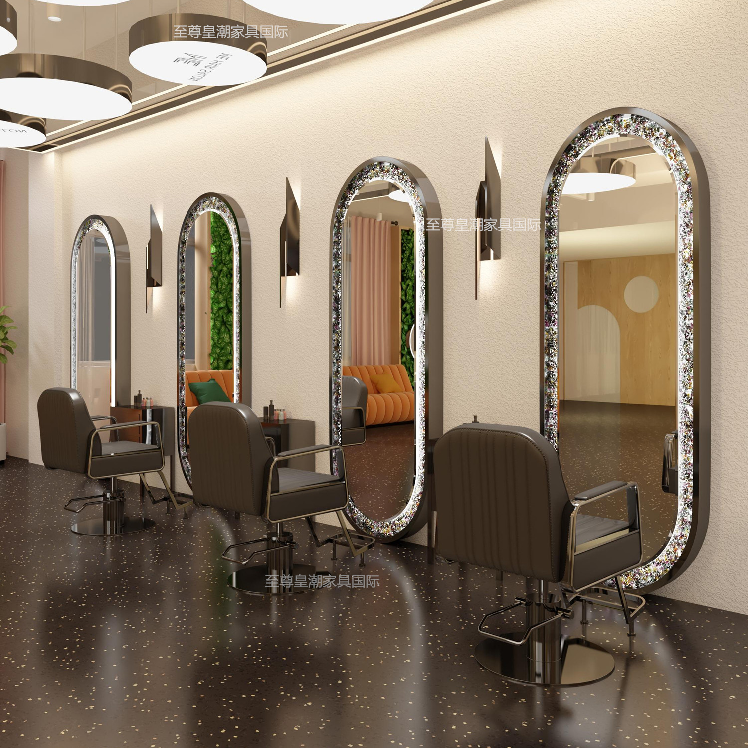 理发店镜子发廊专用美发店镜台水钻带灯高档剪发理发镜台