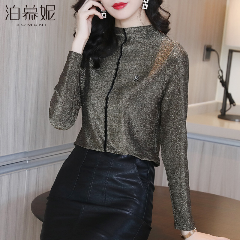 2020秋冬新款金银丝打底衫女时尚半高领显瘦长袖内搭加绒上衣洋气