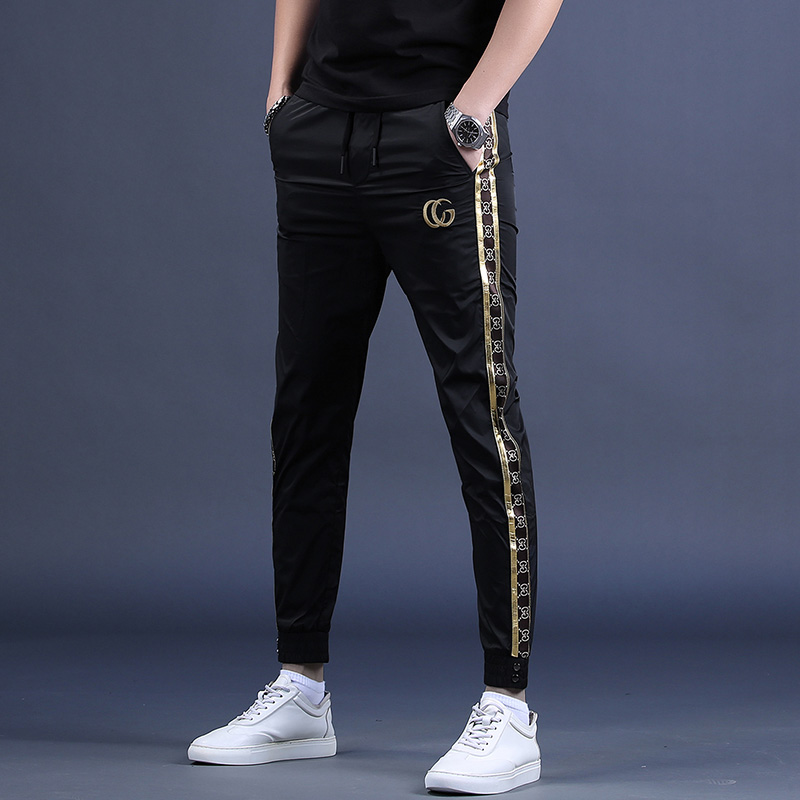 潮牌印花裤子男薄款夏季锦纶弹力束脚运动裤韩版百搭垂感休闲长裤