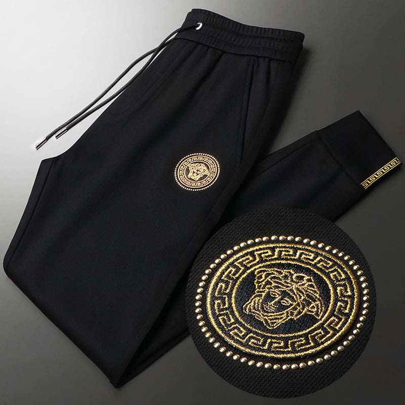 春夏季高端潮牌男士休闲裤美杜莎烫钻刺绣英伦青年薄款束脚运动裤