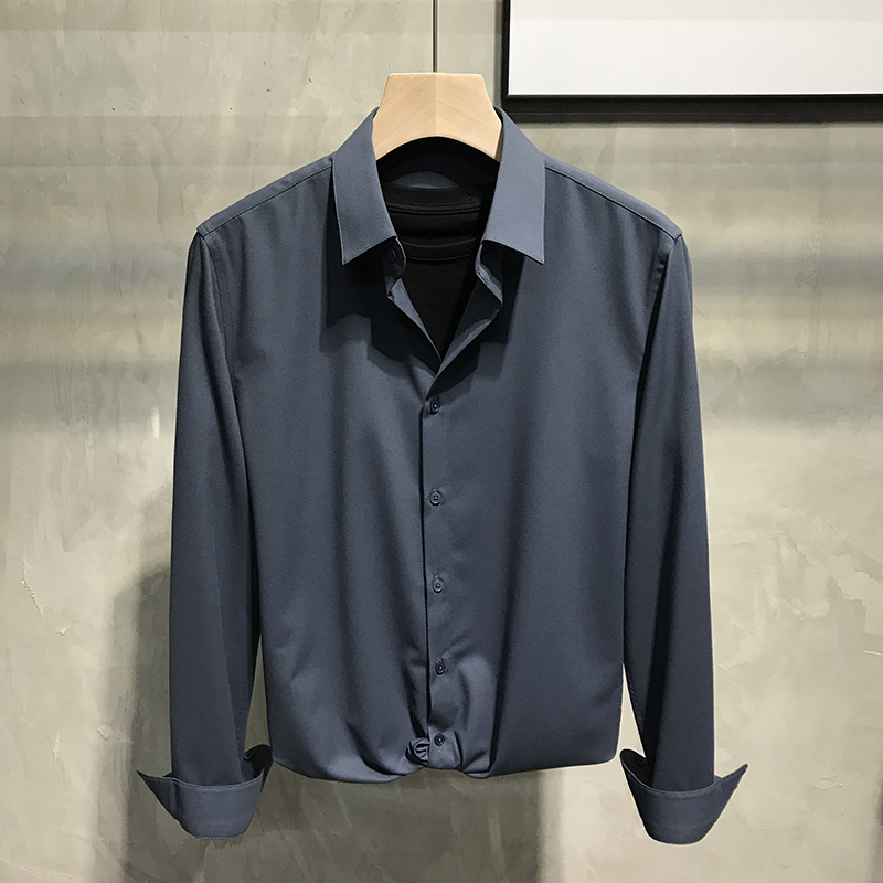春季2022新款蓝色垂感衬衫男士长袖修身免烫潮流高级感衬衣男装潮