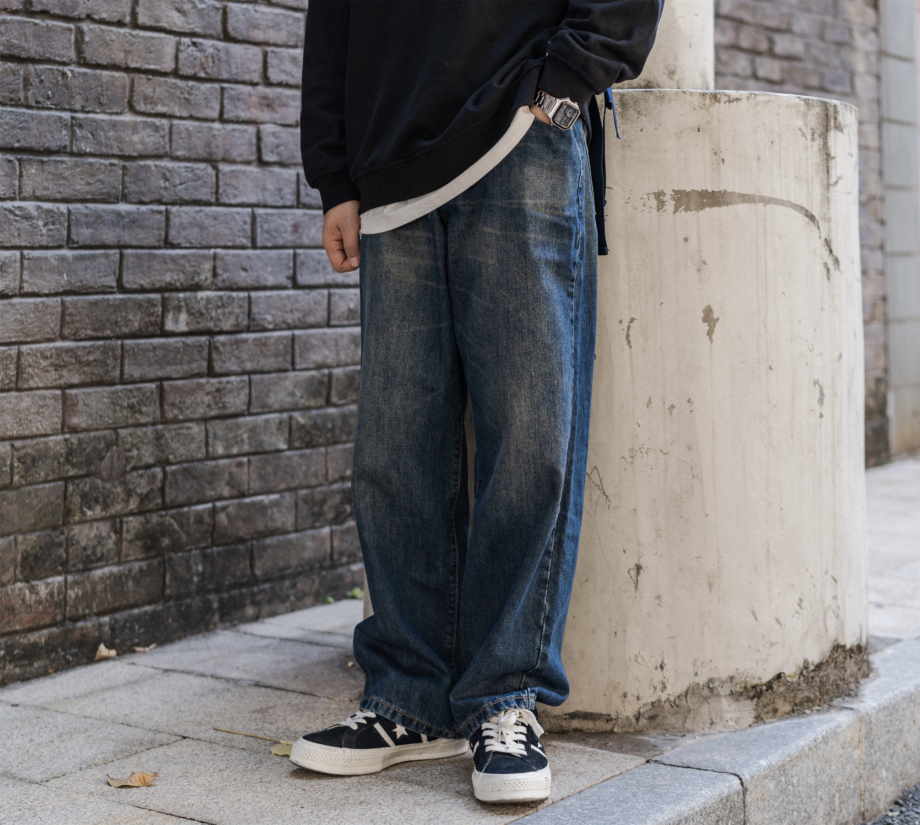 日系宽松直筒阔腿牛仔裤男女复古垂感牛仔长裤潮