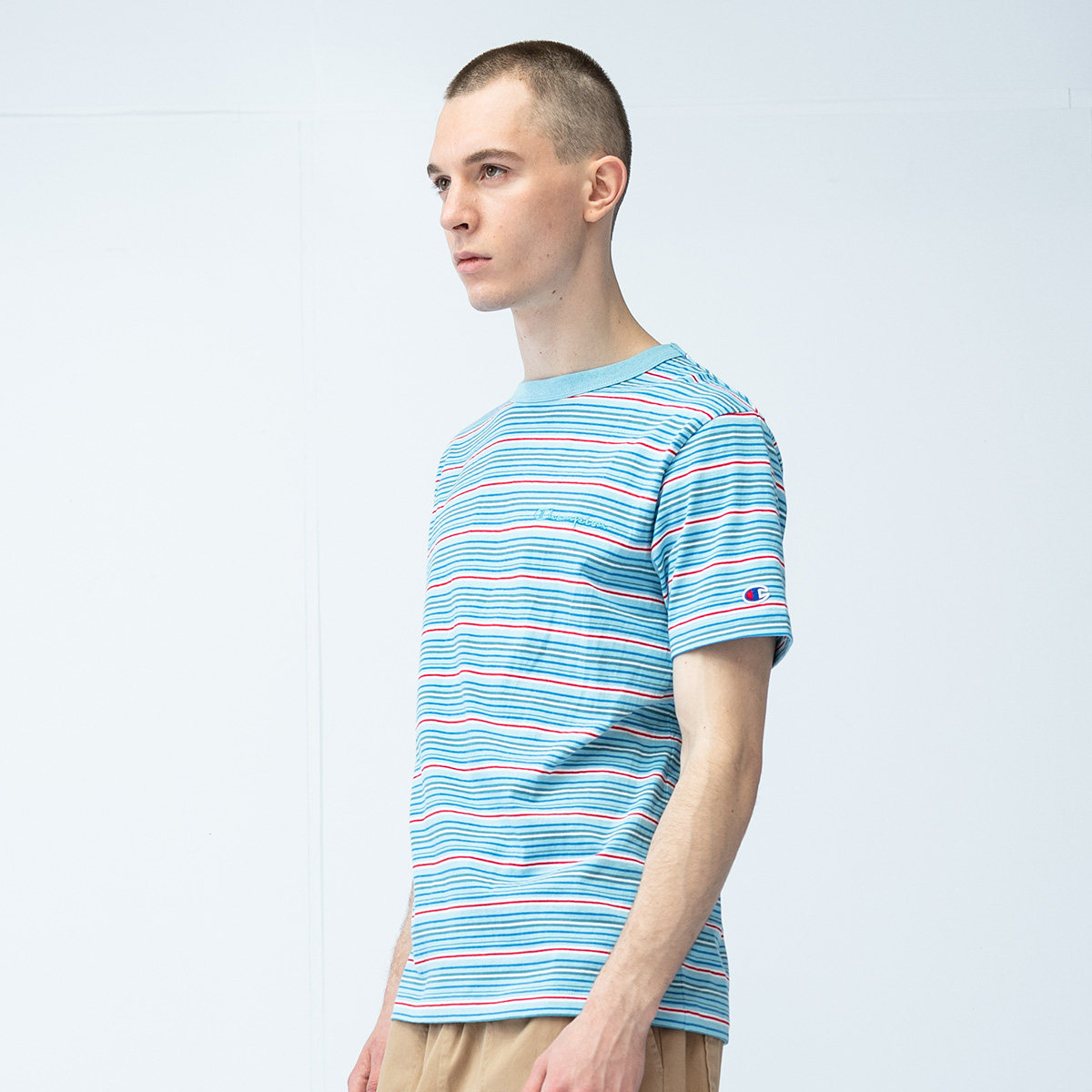 champion冠军2020新款男士潮流拼色细条纹短袖t恤纯棉休闲舒适