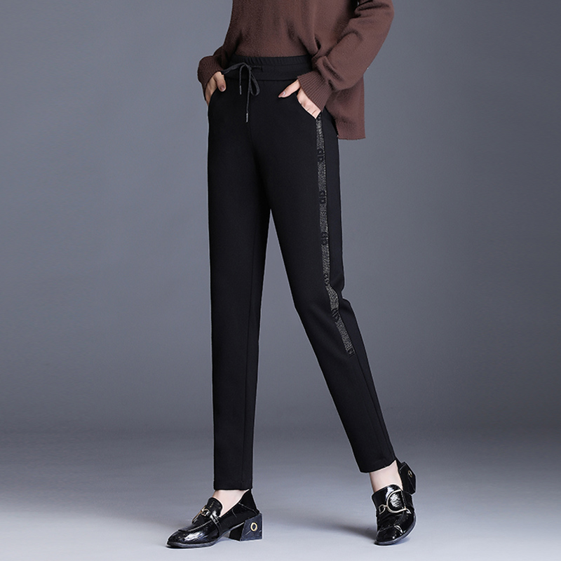 休闲裤女2022春款弹力修身萝卜哈伦裤宽松烫钻松紧高腰时尚运动裤