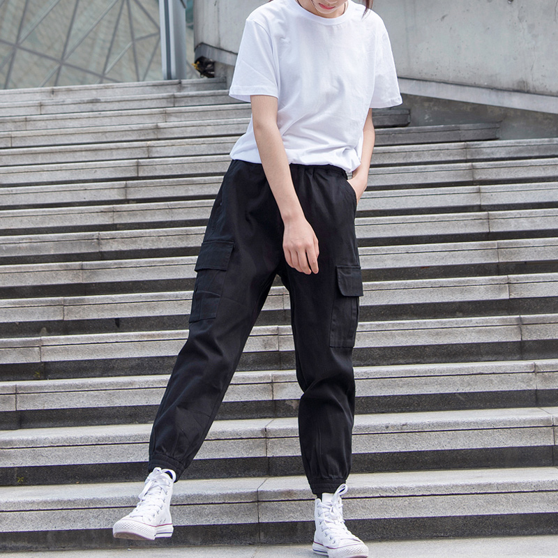 黑色裤子女春秋大码工装裤夏季薄款束脚休闲秋冬哈伦胖mm显瘦超火