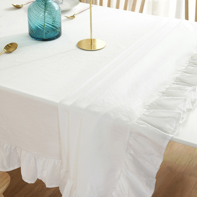 北欧简约纯白色荷叶边桌桌布褶皱法式台布ins桌布